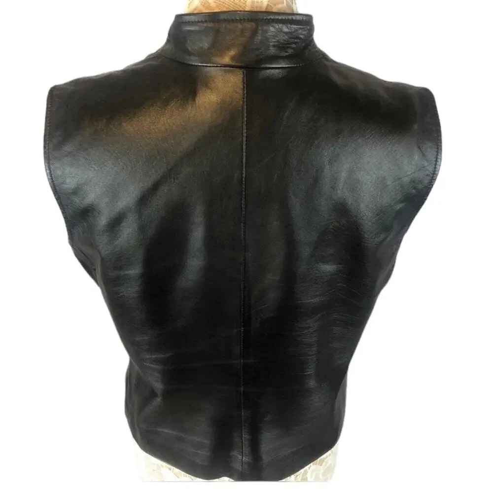 Vintage Mixit lambskin black leather lined V neck vest, zipper closing size 12T